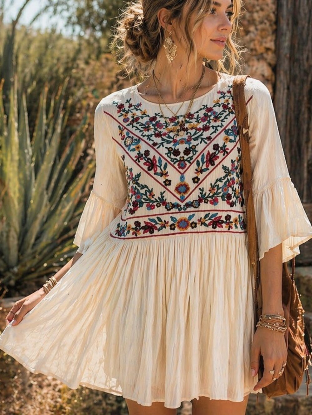Umgee Embroidered Boho Dress Floral Babydoll Peasant Festival M